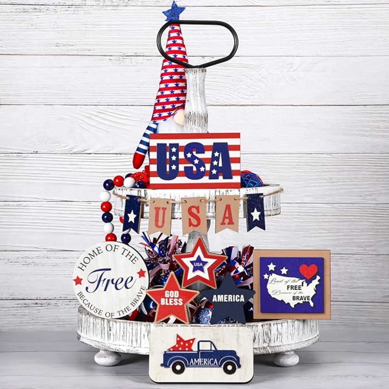 12 Pcs Patriotic Tiered Tray Decor Set Red White Blue Memorial Day Table Decor Rustic Farmhouse 4th of July Decoration for Independence Day 250th Anniversary Home Kitchen